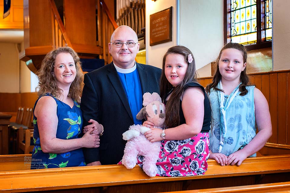 Rev Tom Wilson from Glasgow and his family at Dromore Non-Subscribing Presbyterian Church