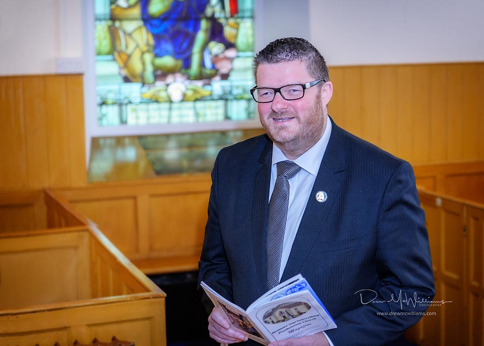Alister Bell photographed after preaching at Dromore Non-Subscribing Presbyterian Church